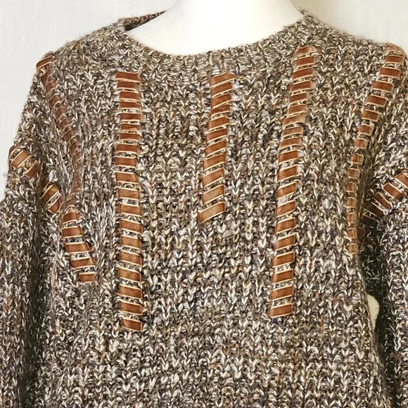 VTG GeeGee Cable Knit Sweater Sz Lg Suede Textured Design Inserts Brown,Black - Picture 2 of 12